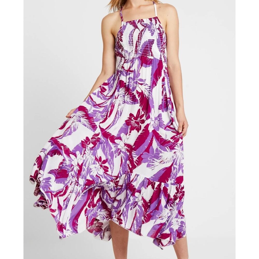 Free People Intimately Heat Wave Smocked Purple Floral Ruffle Maxi Dress Size M